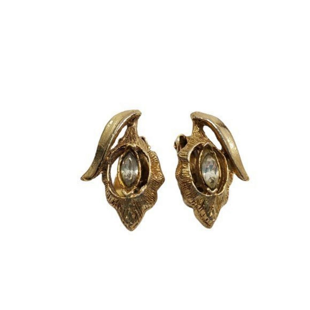Clip On Earrings‎ Rhinestone Gold Tone Textured Vin